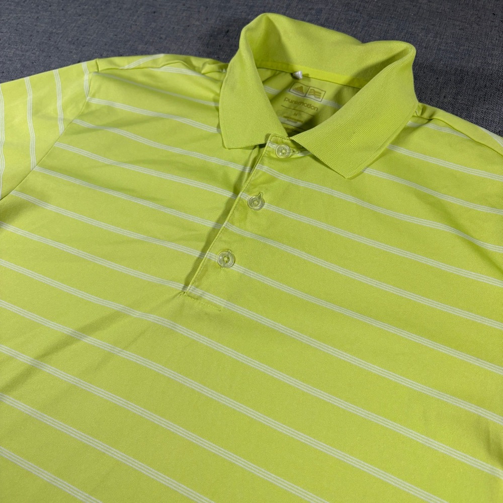 Adidas Polo Shirt Mens Medium‎ Lime Green Striped Puremotion Golf Short Sleeve
